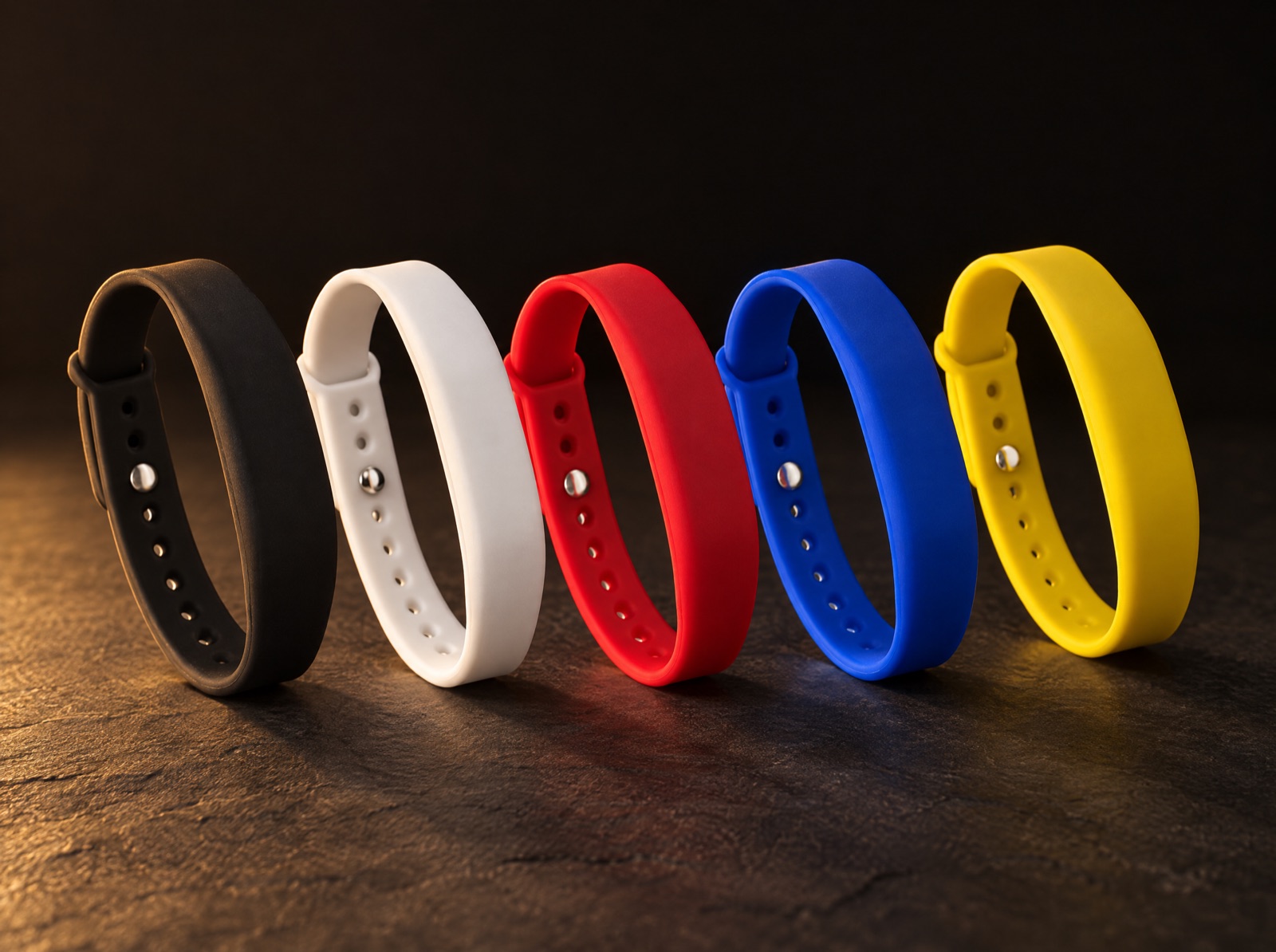 Five DRX tap bracelets in black, white, red, blue and yellow standing in a row under warm side light