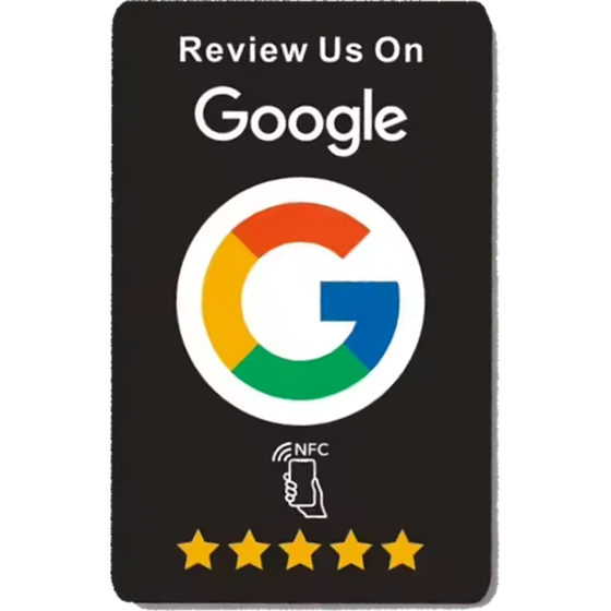 Matte black NFC tap card reading Review Us On Google with the Google logo, NFC symbol and five gold stars