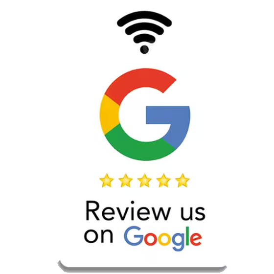 White NFC tap card reading Review us on Google with a five-star rating