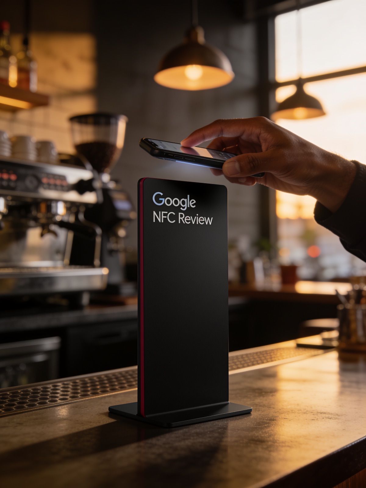 Customer tapping a phone against a DRX NFC review card on a cafe counter