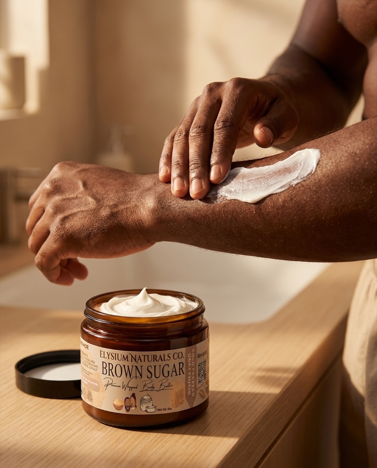Elysium Naturals amber skincare bottles in soft morning light