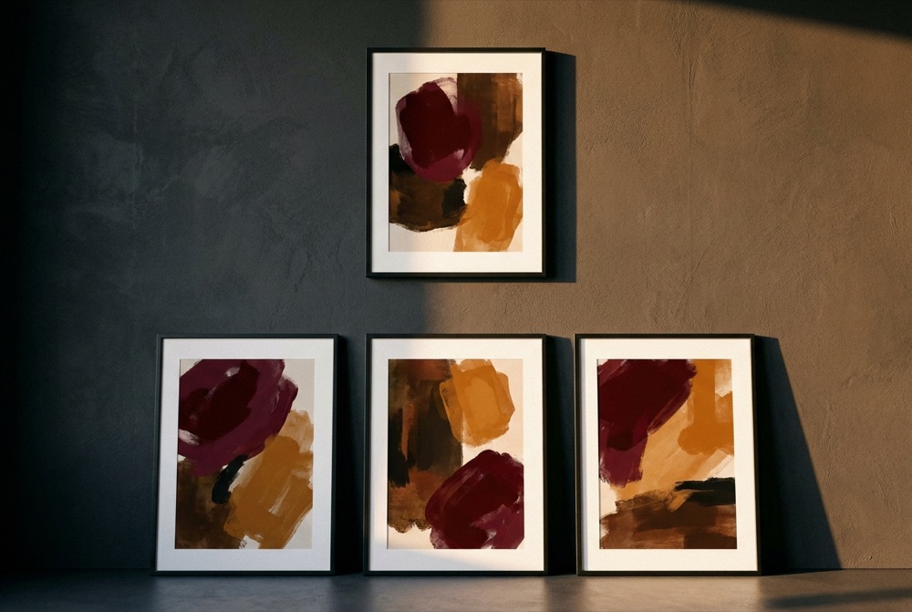 Framed abstract art prints in charcoal and rouge tones against a plaster wall, Digital Rouge Prints on Etsy