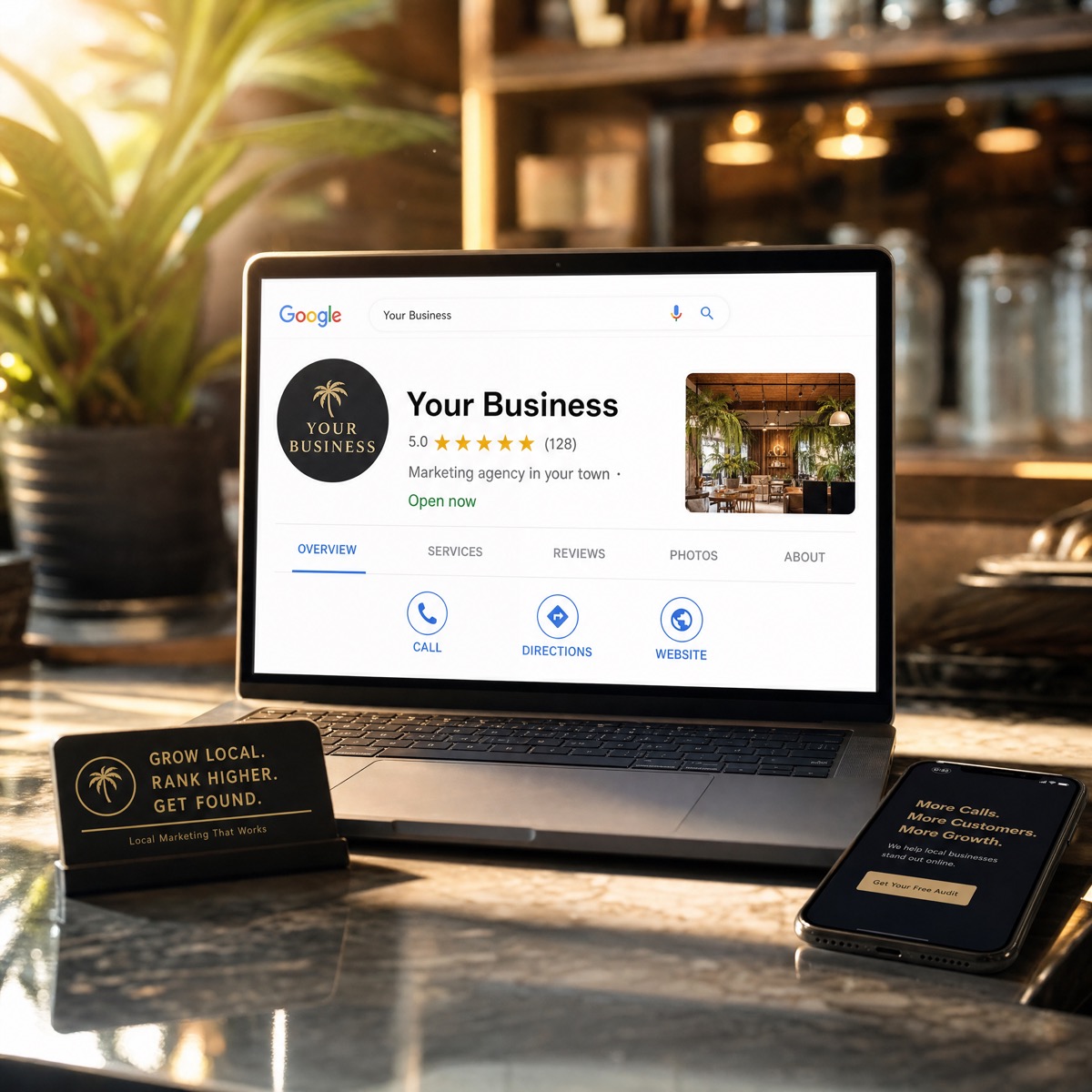A laptop showing a five-star Google Business Profile on a marble counter