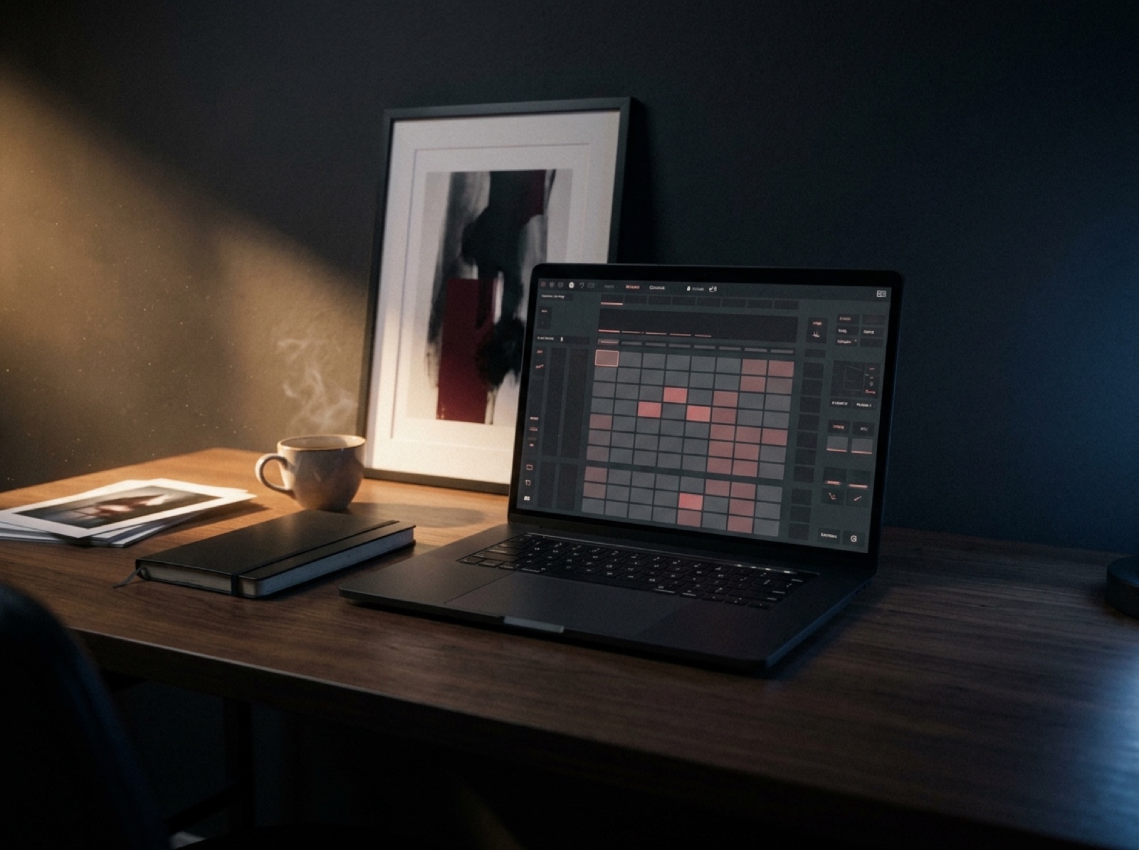Digital Rouge X studio desk with laptop and art prints, warm amber light