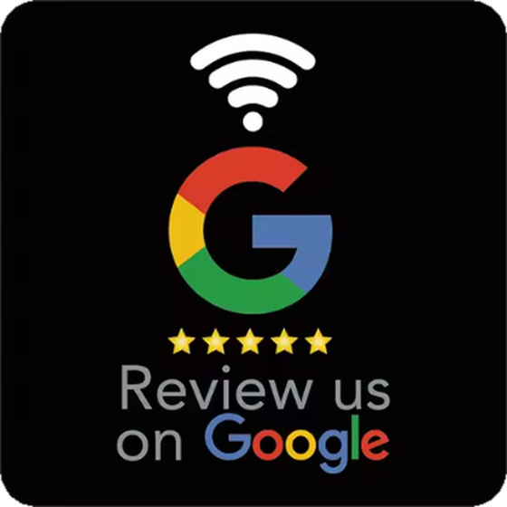 Matte black 10cm NFC table plate reading Review us on Google with a five-star rating