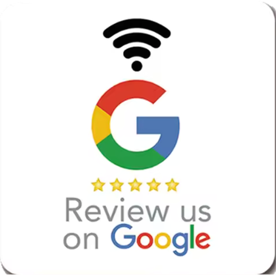 White 10cm NFC table plate reading Review us on Google with a five-star rating