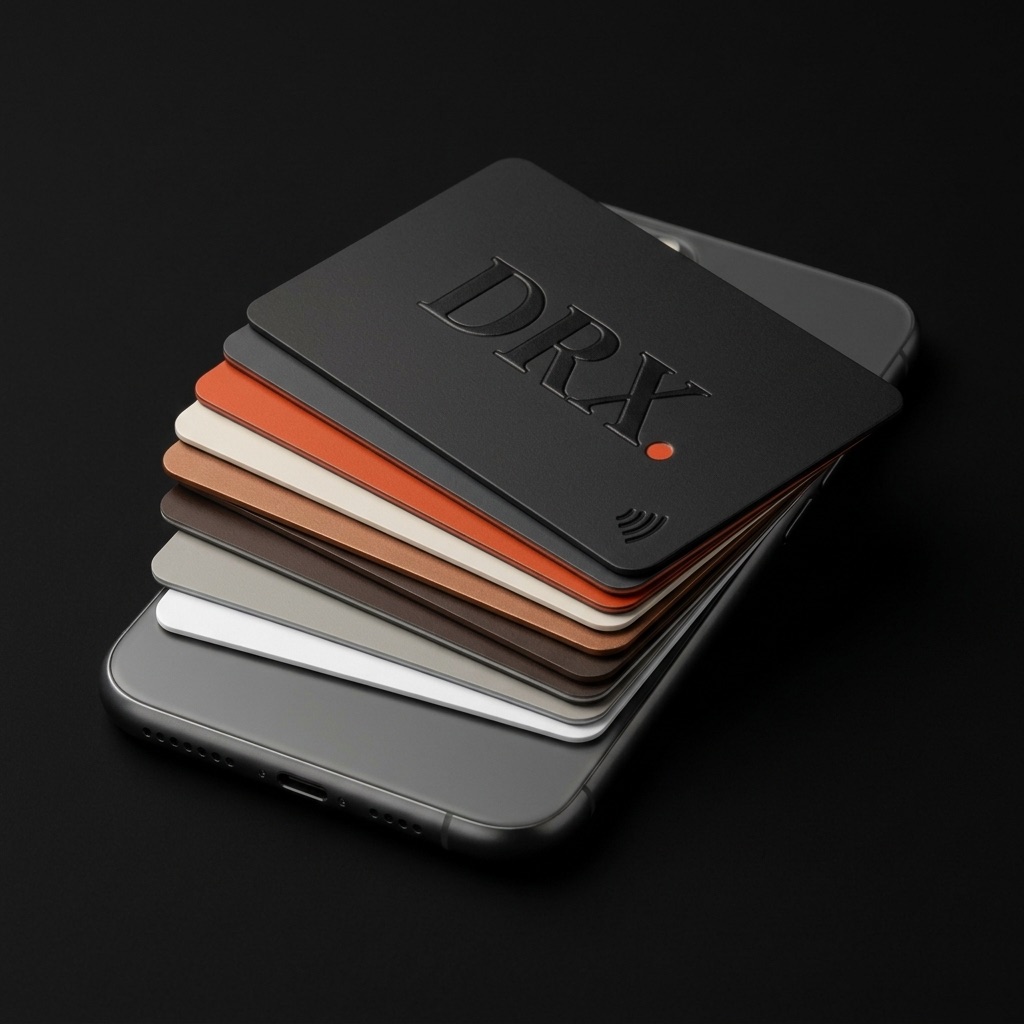 A stack of DRX NFC tap cards resting on a phone