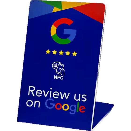 Angled blue acrylic NFC counter stand reading Review us on Google