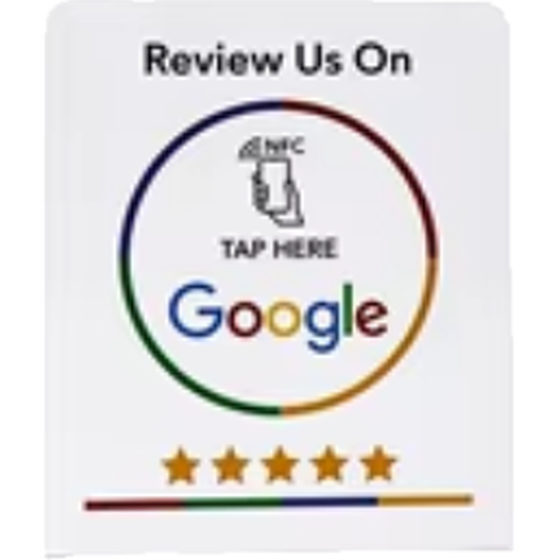 White acrylic upright NFC counter sign reading Review Us On Google, Tap Here