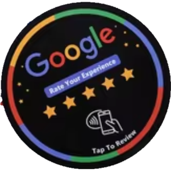Round black NFC counter station reading Google Rate Your Experience, Tap To Review