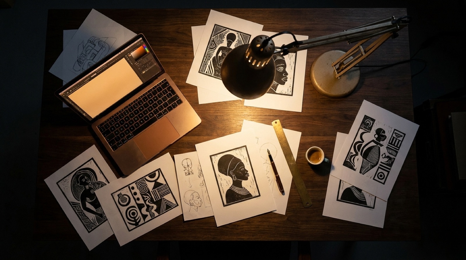The Digital Rouge X studio desk at night, art prints and laptop under lamp light