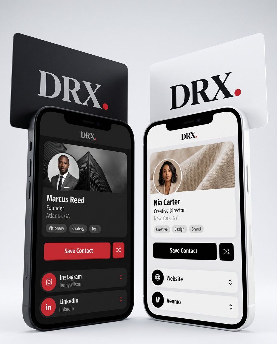 Black and white DRX tap cards above two phones, each showing a finished profile page with a photo, title, Save Contact button and social links