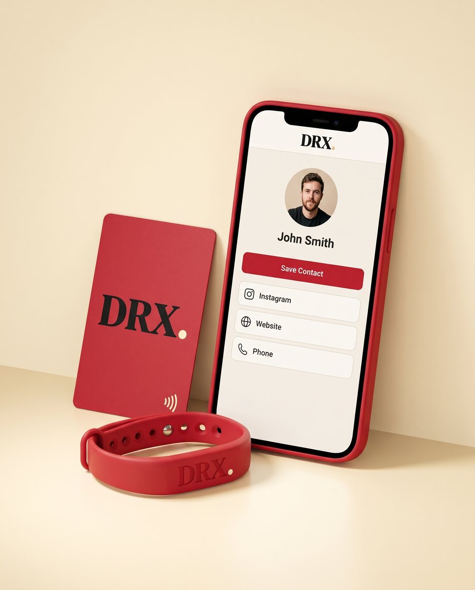 Red DRX tap card leaning beside a phone showing a contact page with Save Contact, Instagram, Website and Phone buttons