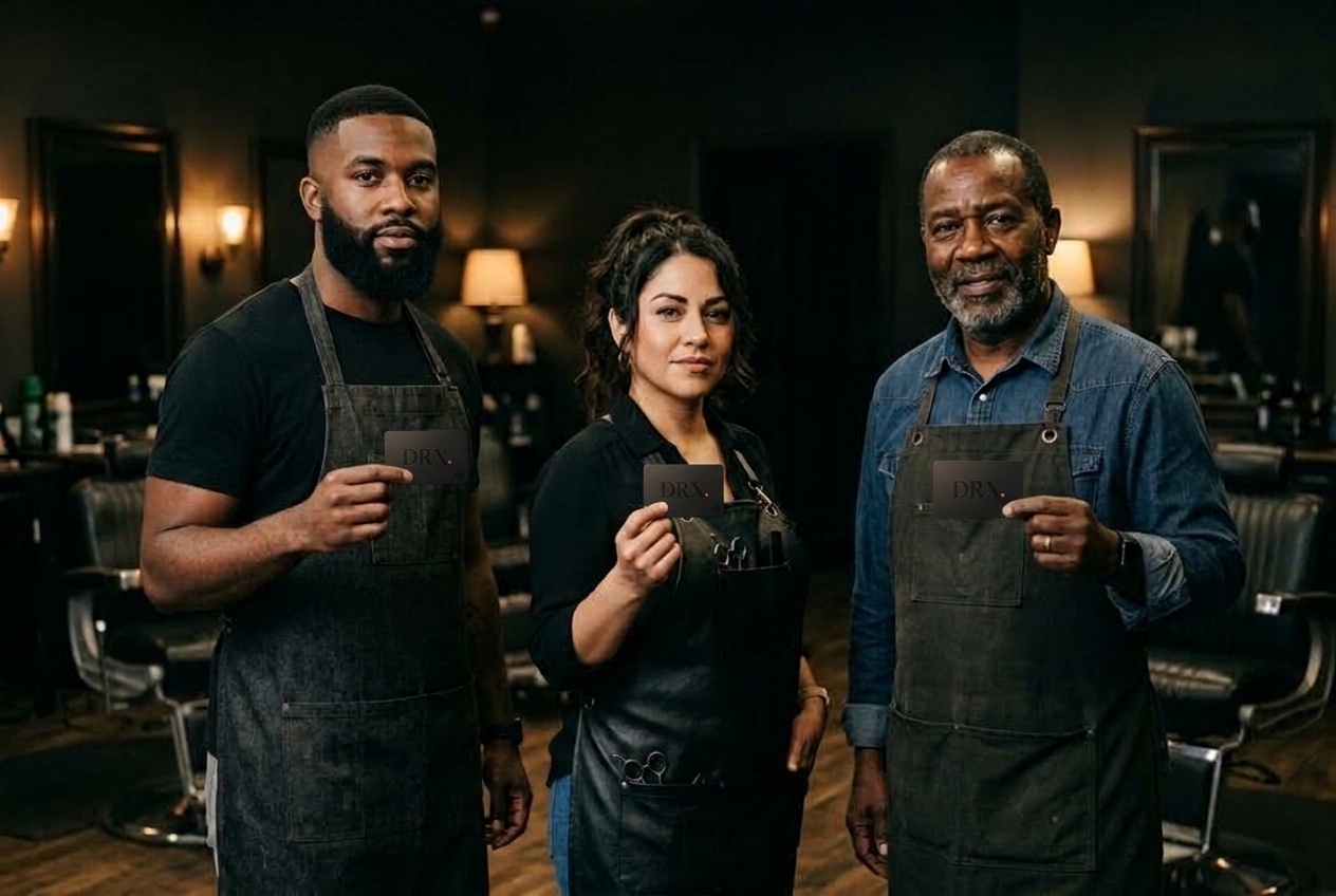 Three independent barbers in their shop, each holding a matte black NFC tap business card