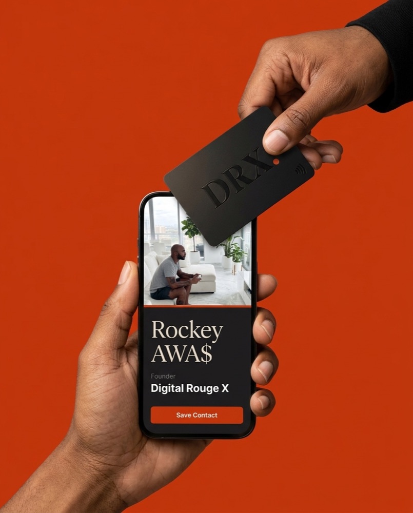 A black DRX tap card tapped to a phone showing the Rockey AWA$ digital card