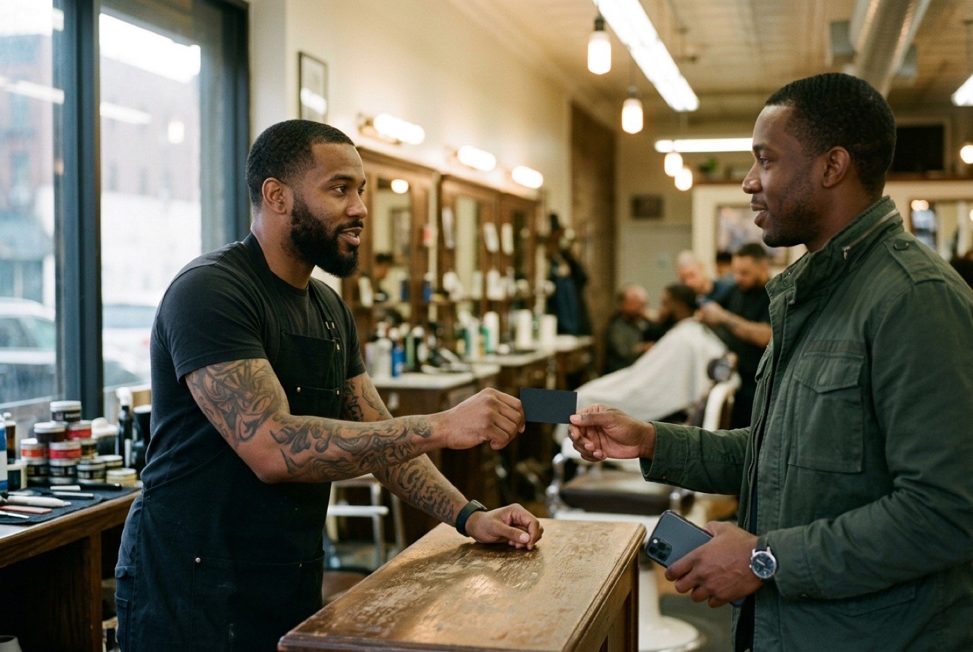 A barber handing an NFC tap business card across the counter to a client holding a phone
