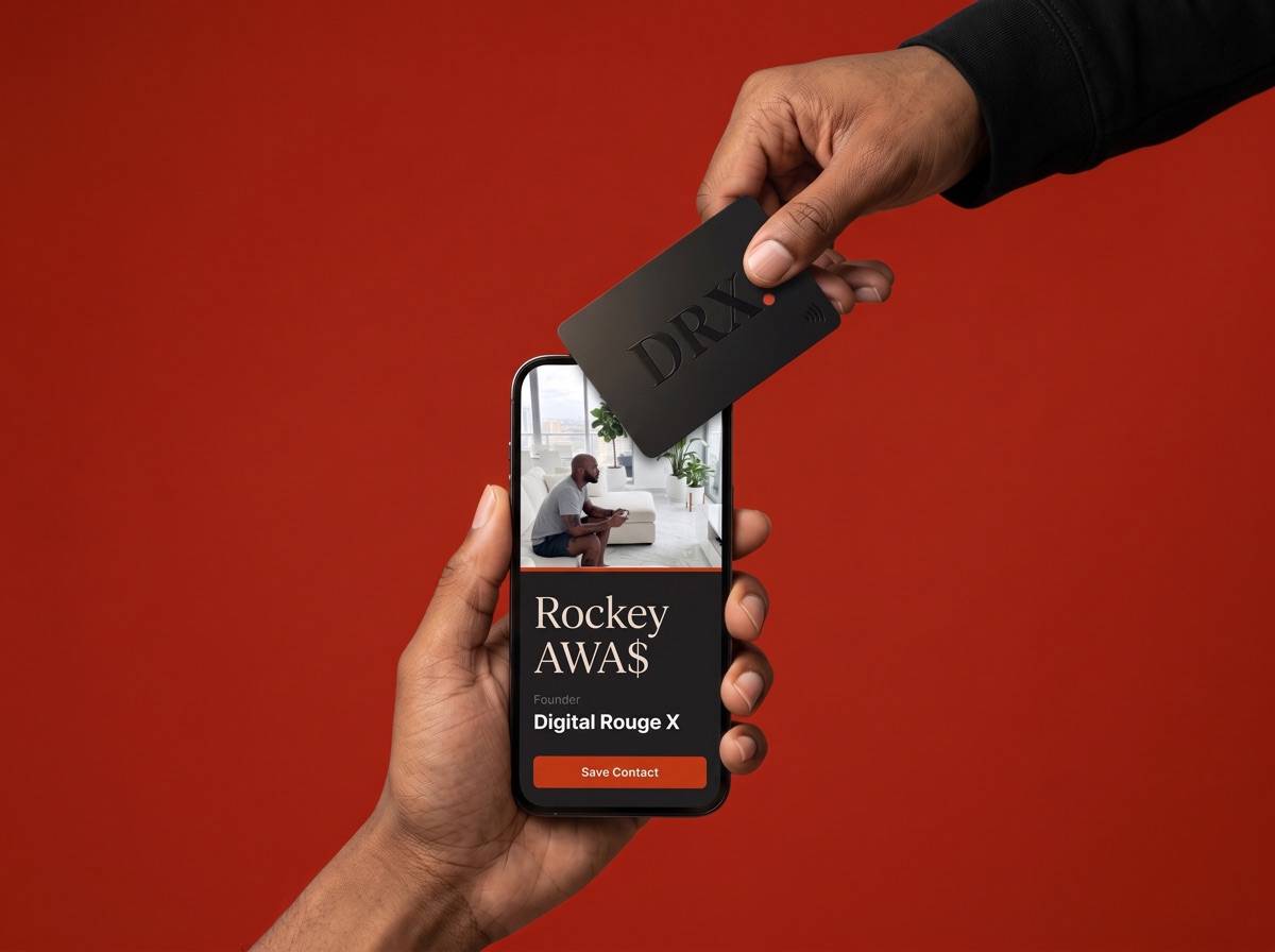 A hand tapping a black DRX NFC card to a phone that opens a digital business card with a Save Contact button