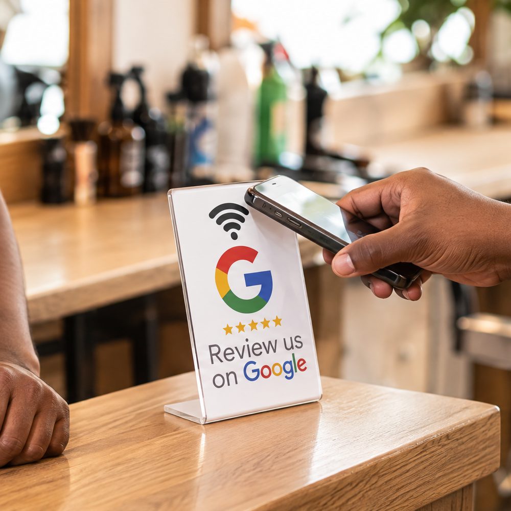 A customer taps his phone on a Review us on Google NFC stand on a barbershop counter
